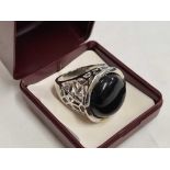 LARGE WHITE METAL RING WITH BLACK STONE