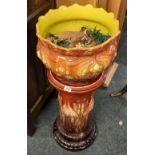 LARGE DECORATIVE ART NOUVEAU POTTERY JARDINIERE, MATCHING STAND, MARKED MANSFIELD WOOD WEAR