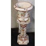 LARGE FLORAL PATTERN JARDINIERE BY CAPODIMONTE WITH IMPRESSIVE MATCHING POT STAND, SMALL AMOUNT OF