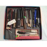 TRAY OF MISC INK PENS, PENCILS, INCL; PARKER, SCRIPTO STEVENS & OTHERS