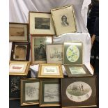 BOX OF PICTURES INCLUDING A WATERCOLOUR OF KYNANCE COVE, ANTIQUE ROSEWOOD FRAME, PENCIL DRAWINGS,