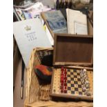 CARTON WITH VARIOUS PAMPHLETS, PROGRAMMES, WICKER BASKET & A TRAVELLING CHESS SET