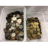TUB OF MISC MIXED ENGLISH COINAGE, BRONZE, CUPRO NICKEL, COPPER & A TUB OF THREPENNY PIECES