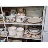 2 SHELVES OF VINTAGE CHINAWARE INCL; A LARGE MEAT PLATE BY WOOD & SONS, CHAMBER POTS - 1 MISSING