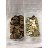 TUB OF COPPER BRONZE COINAGE & A TOKEN & TUB OF TOKENS
