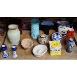 SHELF WITH DENBY VASE, CHINA JELLY MOULDS, CUBE TEA POT & VASES