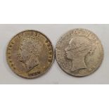 A GEORGIAN SILVER SHILLING 1829 & ANOTHER 1842