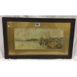 A WATERCOLOUR VIEW OF A RIVER WITH MOORED SAILING VESSELS. LABEL TO REVERSE