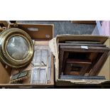 2 CARTONS OF VINTAGE WOOD PICTURE FRAMES, METAL WARE, ROUND BRASS CONCAVE MIRROR & GLASS NIBBLES