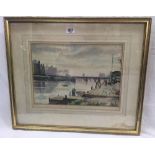 MAKINSON, SIGNED & DATED 1950, VIEW OF A RIVER JETTY WITH FIGURES
