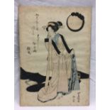 ANTIQUE JAPANESE COLOUR PRINT OF A GEISHA WITH IMPRESSED SCRIPT AND PATTERNS. INSCRIBED TOYOKUNI 1