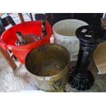 BRASS LOG BUCKET WITH LION HEAD HANDLES, LARGE WHITE JARDINIERE & BLACK STAND, RED PLASTIC TUB & 2