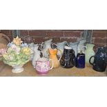 SHELF OF VARIOUS COLOURED JUGS, WHITE PLANTER & CAPODIMONTE STYLE DISPLAY