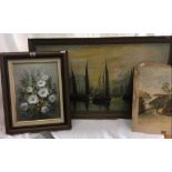 LARGE OIL ON CANVAS OF FISHING BOATS, UN SIGNED, SMALL OIL OF FLOWERS BY S LEIGH & A WATERCOLOUR