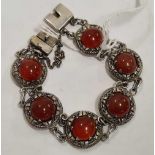 AN EGYPTIAN SILVER LINK BRACELET SET WITH 6 CABOUCHON STONES