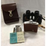 4oz STAINLESS STEEL HIP FLASK, RONSON LIGHTER IN BOX & A PAIR OF ZEISS JENA MULTI COATED 8 X 30 W