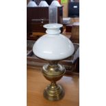 VINTAGE BRASS OIL LAMP WITH OBSCURE GLASS SHADE & CHIMNEY