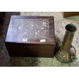 VENEERED INLAID BOX & A BRASS ARTS & CRAFTS 2 HANDLED VASE BY WMF