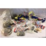 CARTON WITH SWIMMING MEDALS ON RIBBONS, FOREIGN NICKEL COINAGE & MEDALLIONS