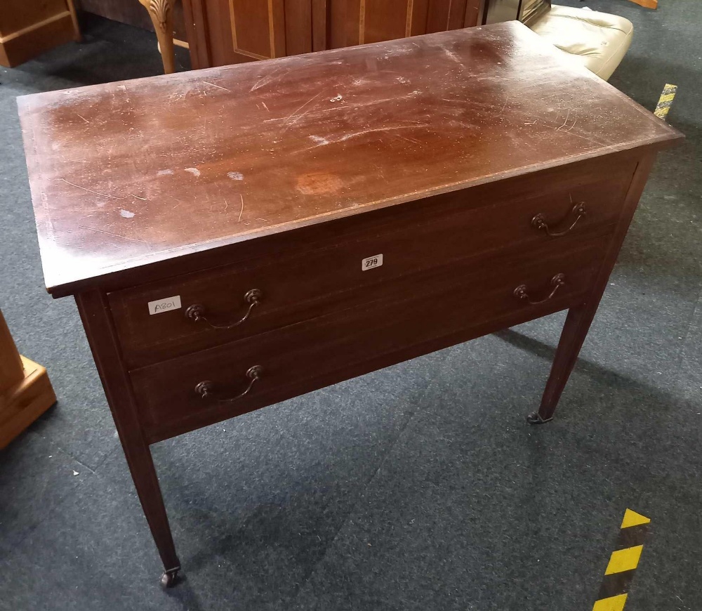 INLAID POLISHED MAHOGANY EDWARDIAN DRESSING TABLE, 2 DRAWERS, NO BACK