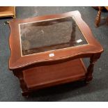 MAHOGANY GLASS TOPPED COFFEE TABLE WITH SHELF UNDER & TURNED LEGS