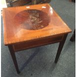 REPRODUCTION INLAID MAHOGANY COFFEE TABLE WITH DRAWER, TOP WATER STAINED