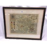 COLOURED PRINT OF ANTIQUE MAP OF DEVONSHIRE IN GOOD ANTIQUE FRAME, WITH EXETER DESCRIBED