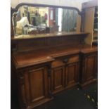 VICTORIAN LIGHT OAK BEVELLED EDGE MIRROR BACK ENCLOSED SIDEBOARD WITH CARVINGS & FINIAL'S 75''