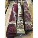 RED GROUND & PATTERNED TASSELED CARPET 93'' X 48'' APPROX PLUS BROWN PATTERNED & TASSELED RUG 7ft