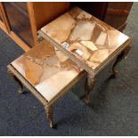 NEST OF 2 BRASS COFFEE TABLES WITH SOLID ONYX / MARBLE TOPS