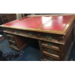 LARGE MAHOGANY LEATHER TOPPED DIRECTORS DESK WITH TWIN PEDESTAL, 9 DRAWERS WITH BRASS DROP HANDLE