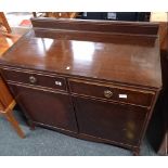 SMALL DARK MAHOGANY SIDEBOARD / CUPBOARD WITH 2 DRAWERS, 3ft WIDE