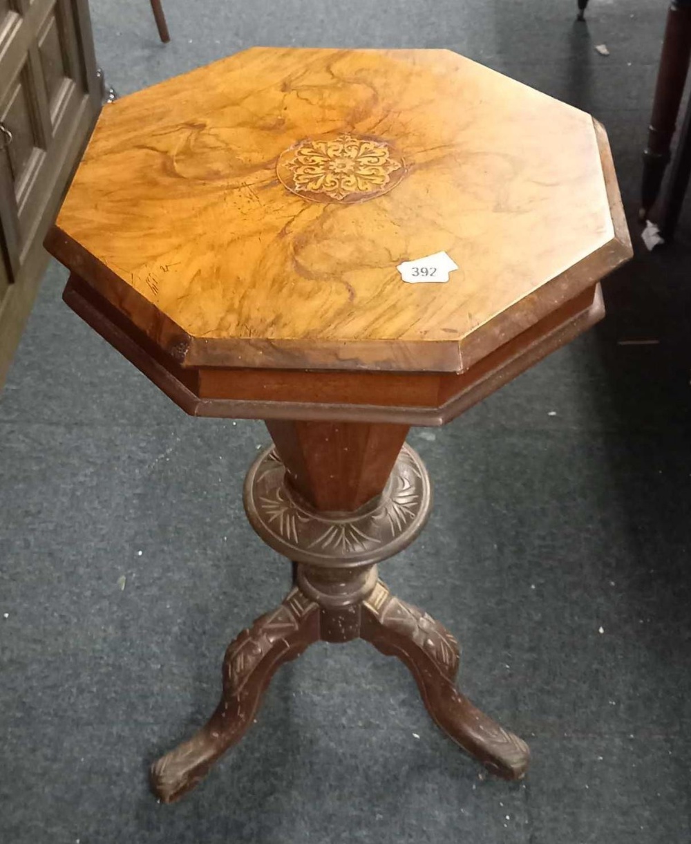 ANTIQUE WALNUT & MAHOGANY WORK TABLE ON OAK PEDESTAL LEGS (OLD WOODWORM)