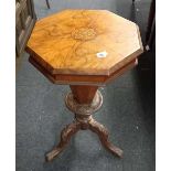 ANTIQUE WALNUT & MAHOGANY WORK TABLE ON OAK PEDESTAL LEGS (OLD WOODWORM)