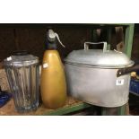 ALUMINIUM 2 HANDLED POT, GLASS MIXING JAR FOR A KEN MIX MIXER & A GOLD COLOURED SODA SYPHON