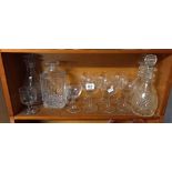 SHELF WITH 4 GLASS DECANTERS & 6 WINE GLASSES