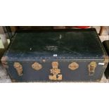 DARK BLUE PLYWOOD TRAVEL TRUNK WITH SIDE HANDLES, 1 A/F