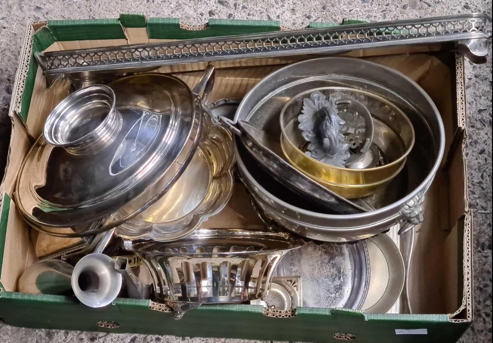 CARTON OF MISC PLATED WARE INCL; A LONG GALLERY TRAY