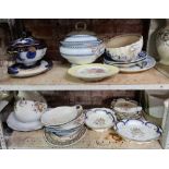 2 SHELVES OF VINTAGE PLATES TUREENS & BLUE & WHITE MEAT PLATES