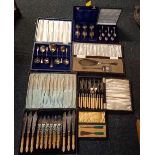 COLLECTION OF 6 BOXES OF VARIOUS CUTLERY INCL; FISH CUTLERY ETC PLUS BOXED SET OF PLATED GOBLETS