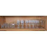 SHELF OF VARIOUS CUT GLASS WINE GLASSES, SMALL TUMBLERS ETC