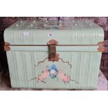 GREEN PAINTED TRUNK WITH DECOUPAGE DECORATION