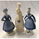 2 BLUE & WHITE CHINA FIGURES OF GIRLS BY LIPPELSDORF & 1 OTHER
