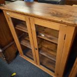 PITCH PINE GLASS FRONTED KITCHEN CUPBOARD, 3ft 3'' WIDE
