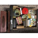 CARTON OF OLD TOBACCO TINS & PACKETS & A/F SMALL LEATHER CASE