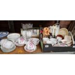 SHELF OF PART TEA SETS BY CROWN ROYAL, EXPRESSIONS FLORENTINA, VARIOUS MUGS, DISHES & CUTLERY SET