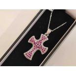 A FINE 9ct WHITE GOLD RUBY ENCRUSTED & DIAMOND CROSS PENDANT