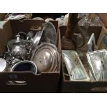 2 CARTONS OF MIXED PLATED GLASSWARE INCL: BISCUIT BARRELS, BOWLS, PLATES, SERVING DISH, GLASS