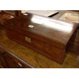 VICTORIAN ROSEWOOD TRAVELLING WRITING SLOPE WITH BRASS ESCUTCHEON & INLAY, MISSING ONE INKWELL