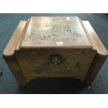 ORIENTAL CAMPHOR WOOD STORAGE CHEST WITH HINGED LID & CARVED TOP, 22'' X 15''